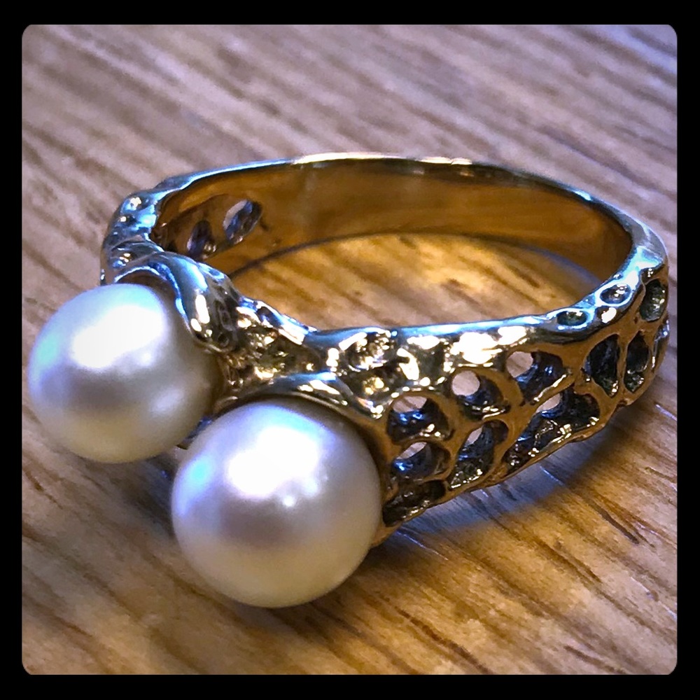 Double Pearl Gold Nugget Ring 7.5 Heavy 14k Gold Electroplate Great piece!